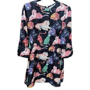 Zara Big Cat Satin Mini Dress Womens Cuff Sleeve Statement Dress M Zip Party